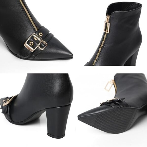 Pointed Toe Kitten Heel Boots-Women Black Booties Rivets Ankle Boot Fashion Shoe - Picture 5 of 5